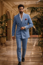 Male model walking in a sky blue double breasted slim fit suit with red pocket square in a luxury interior setting.
