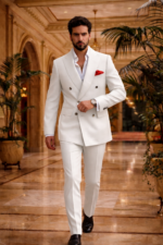 Male model walking confidently in a white double breasted slim fit suit with red pocket square in a luxury interior setting.