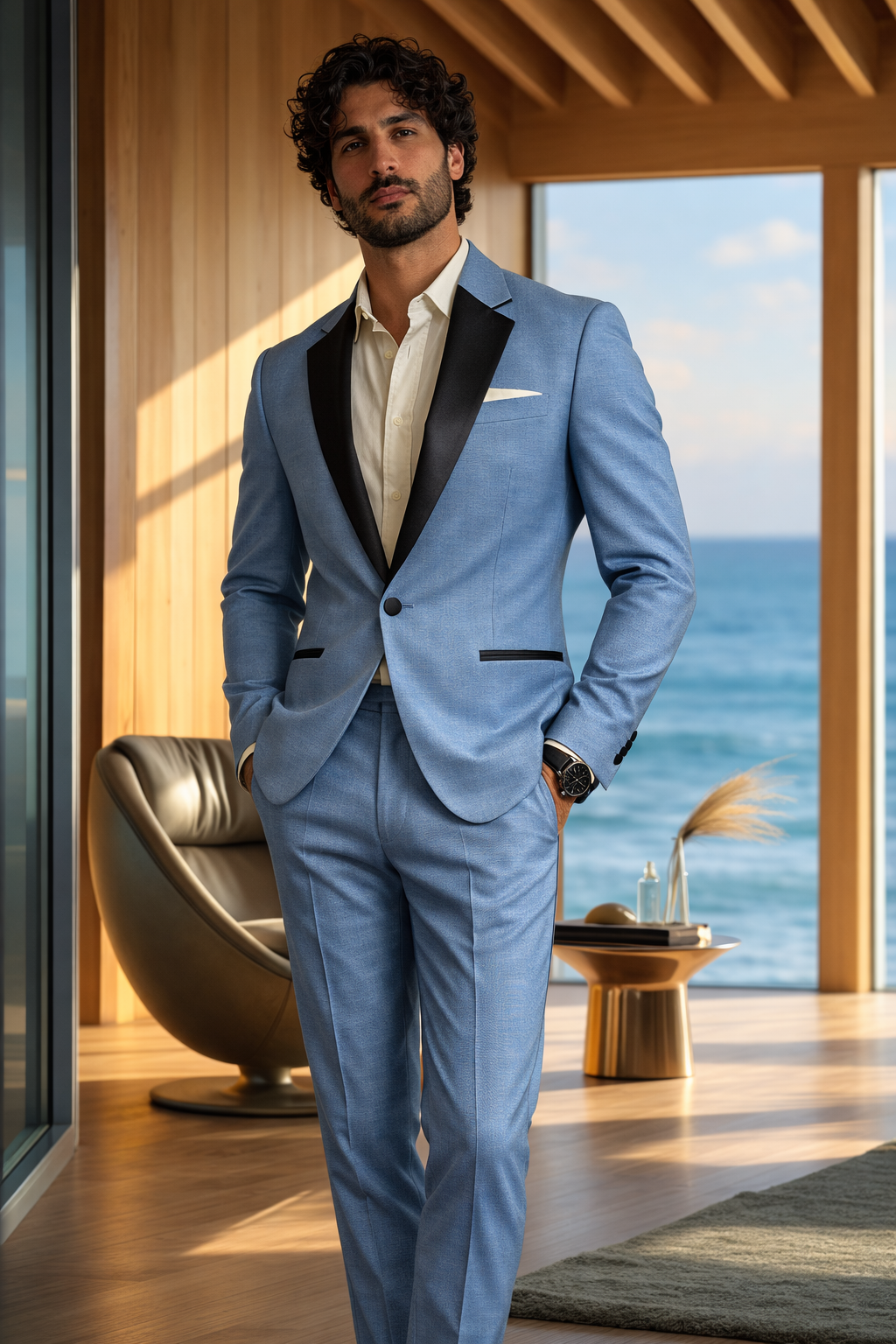 Light Blue Suit with Black Lapels – Elegant Modern Menswear Man wearing a light blue suit with black lapels standing in a modern seaside interior with ocean view.