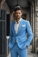 Man wearing a light blue tailored suit with white shirt standing in a classic stone corridor