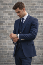 Man wearing a navy blue three-piece suit adjusting his cuff against a brick wall background.