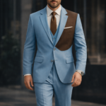 Man wearing a light blue suit with brown contrast panel walking in a modern urban setting.
