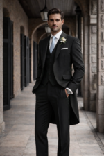 Man wearing a black morning suit with waistcoat standing in a classic stone corridor.
