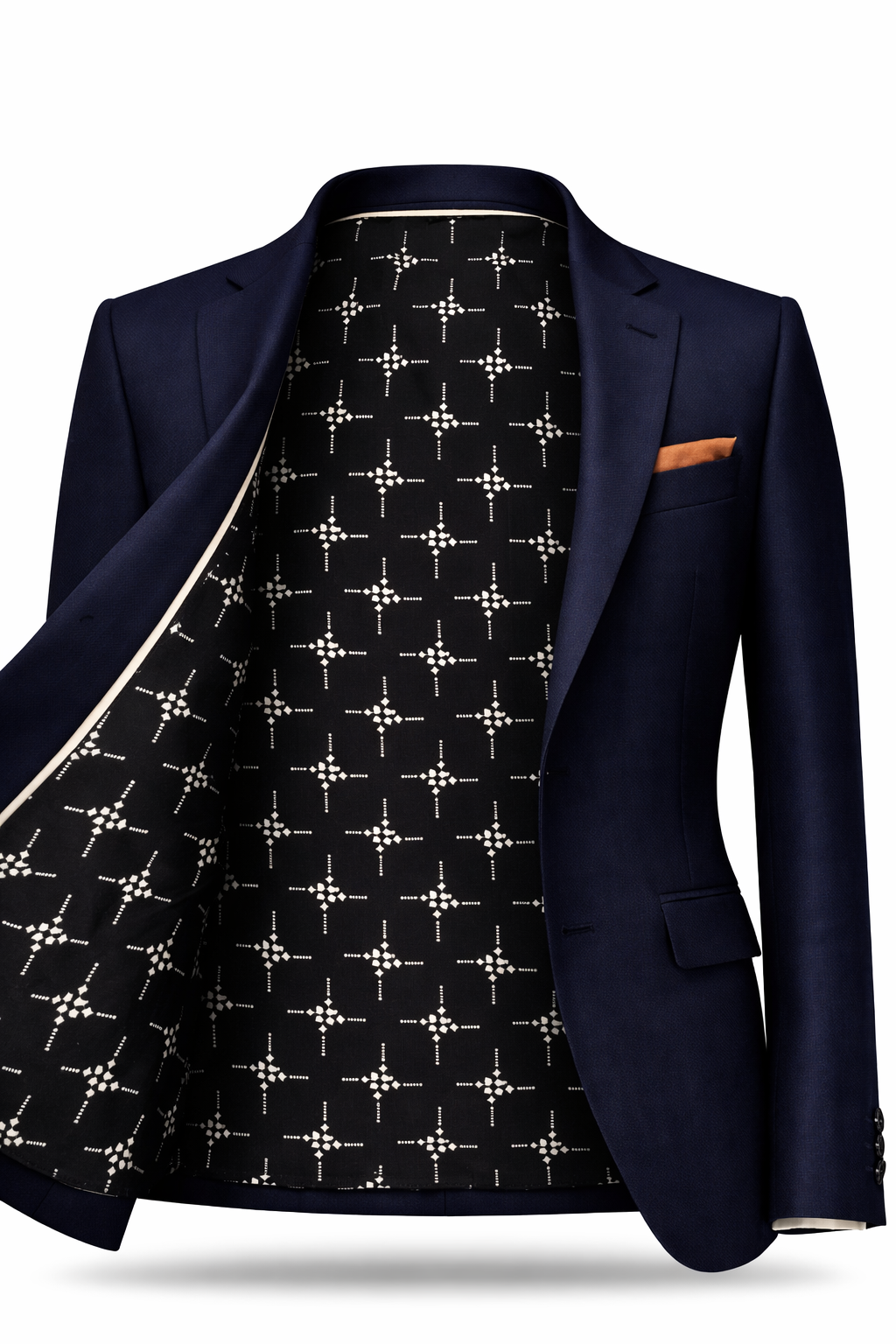 Men's Navy Suit Jacket with Designer Inner Lining – Luxury Tailored Blazer Men's navy blue suit jacket with premium patterned inner lining and pocket square, luxury tailored menswear.