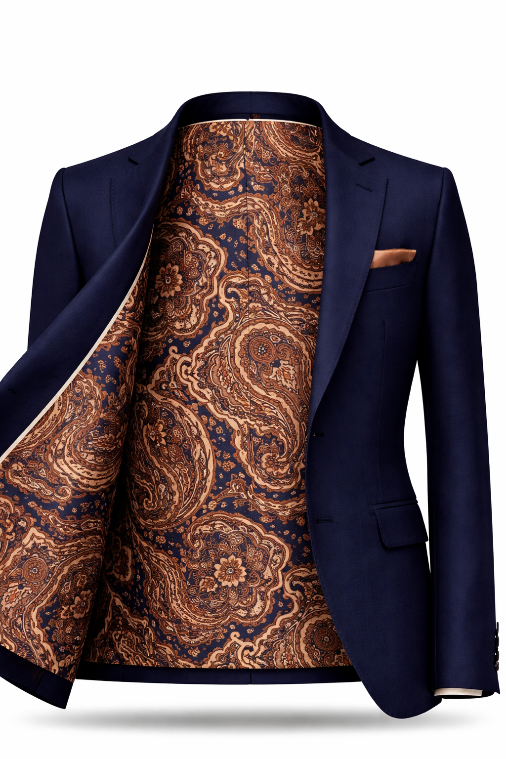 Men's Navy Suit Jacket with Paisley Inner Lining – Luxury Tailored Blazer Men's navy blue suit jacket with paisley patterned inner lining and pocket square, premium luxury tailored menswear.