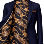 Men's navy blue suit jacket with luxury gold patterned inner lining and pocket square, premium tailored menswear.