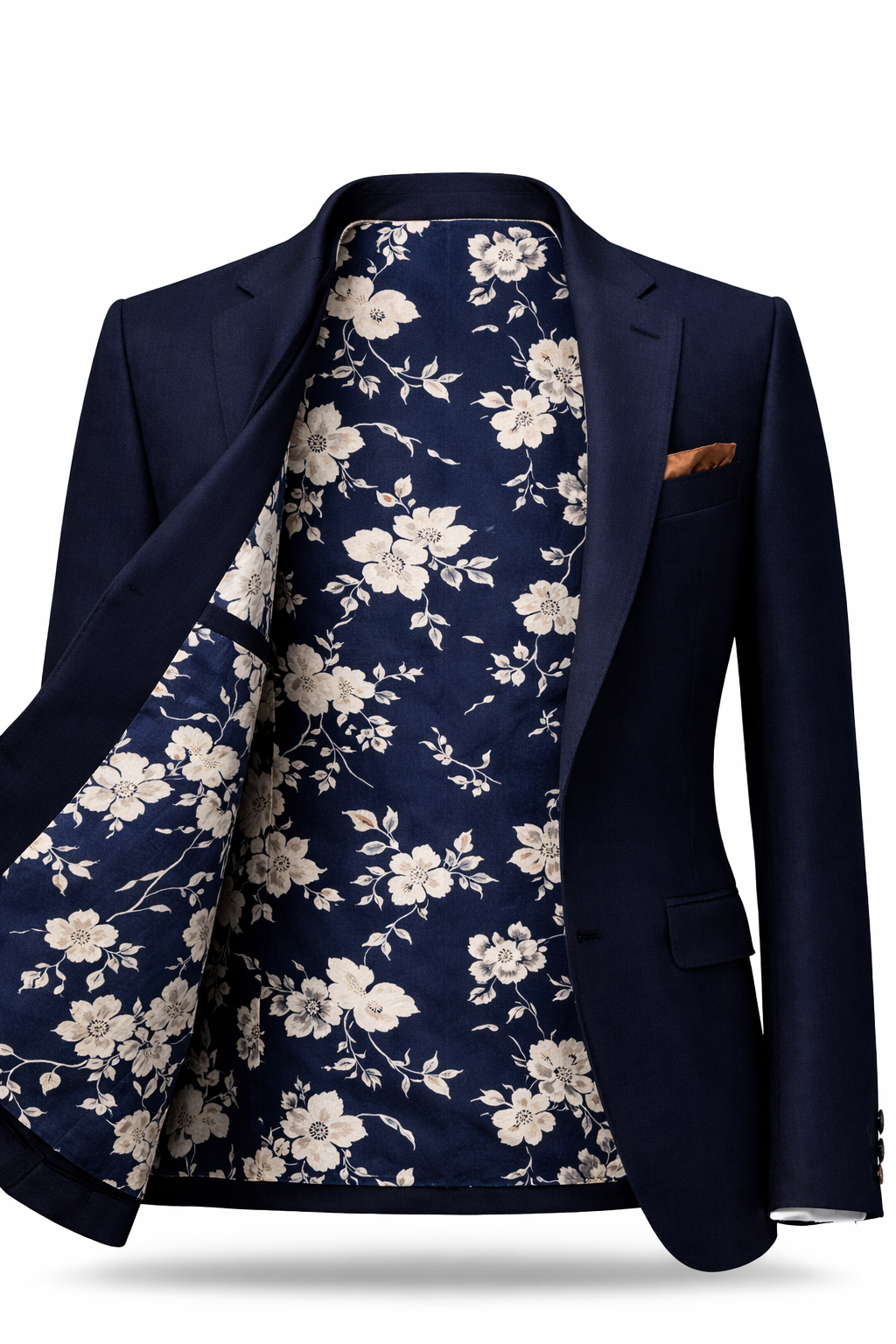 Men's Navy Suit Jacket with Floral Inner Lining – Luxury Tailored Blazer Men's navy blue suit jacket with floral patterned inner lining and pocket square, luxury tailored menswear.
