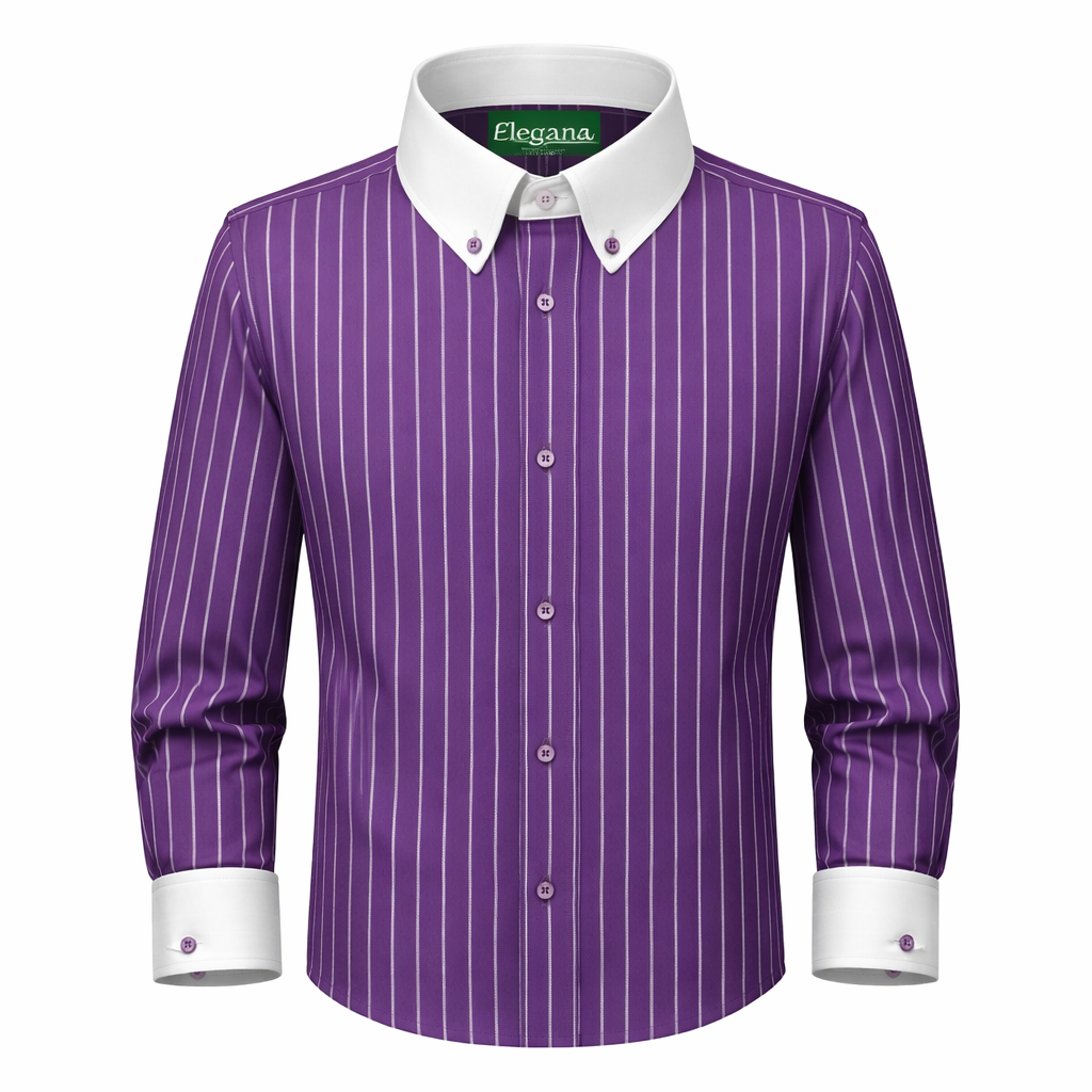 ChatGPT Image Mar 5, 2026, 09_44_21 PM Men's purple striped dress shirt with white contrast collar and cuffs, premium tailored formal menswear.