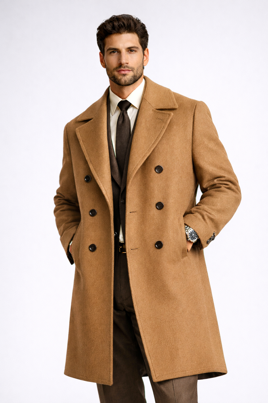 Men's Camel Double-Breasted Overcoat – Elegant Tailored Outerwear Man wearing a camel double-breasted overcoat over a formal suit and tie, showcasing premium men's tailored outerwear.