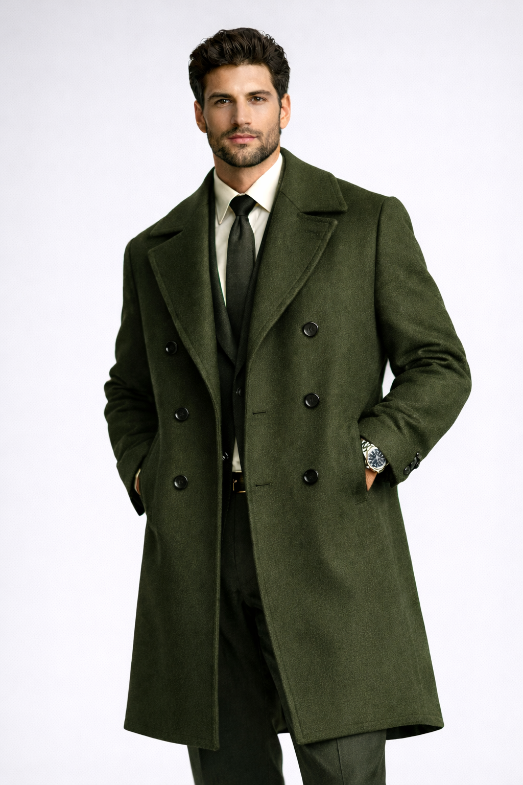 Men's Dark Green Double-Breasted Overcoat – Luxury Tailored Outerwear Man wearing a dark green double-breasted overcoat over a formal suit and tie, showcasing premium men's tailored outerwear.