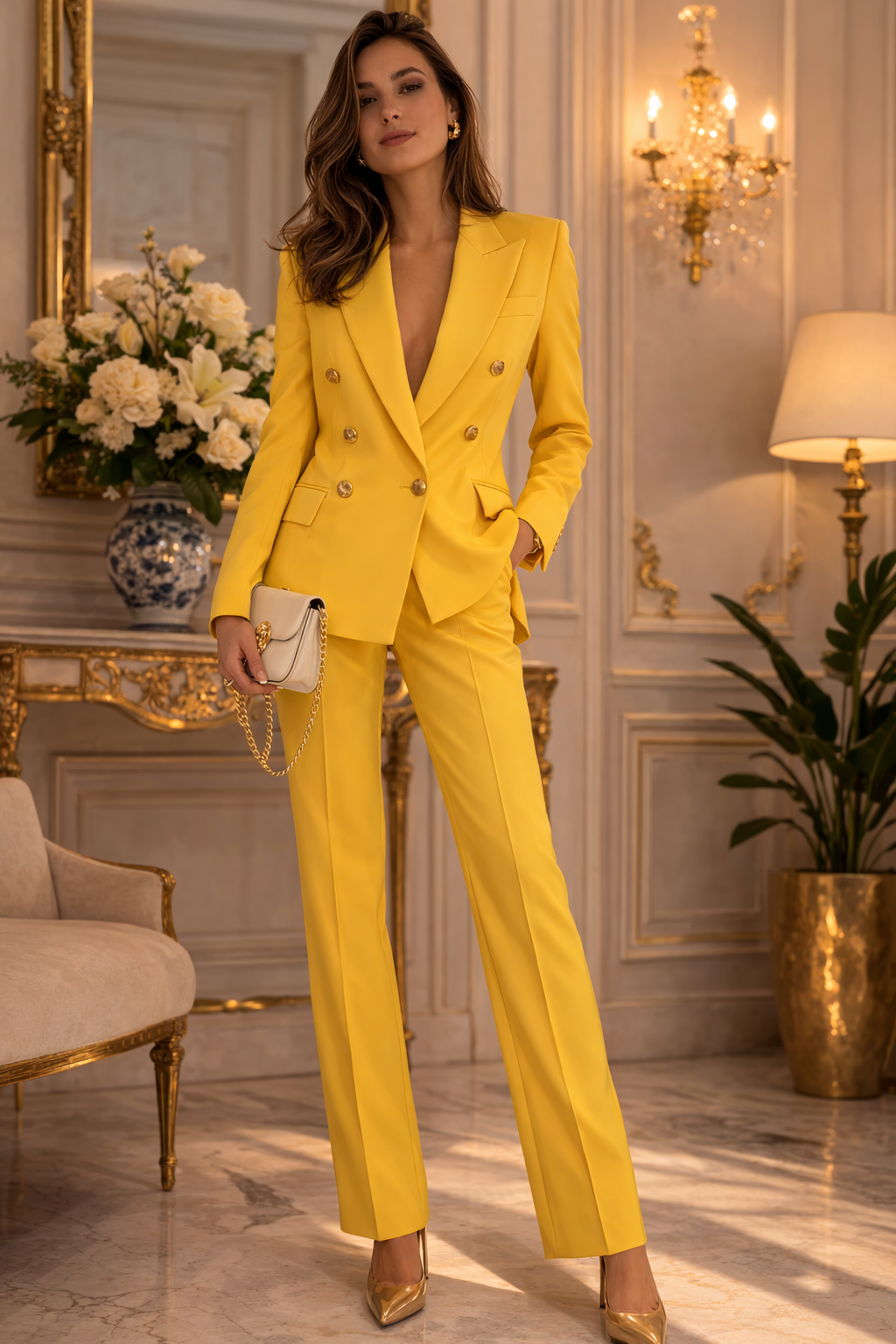 Elegant Woman in Bright Yellow Tailored Suit Woman wearing a bright yellow tailored suit with nude heels and holding a clutch, standing in an elegant luxury interior.