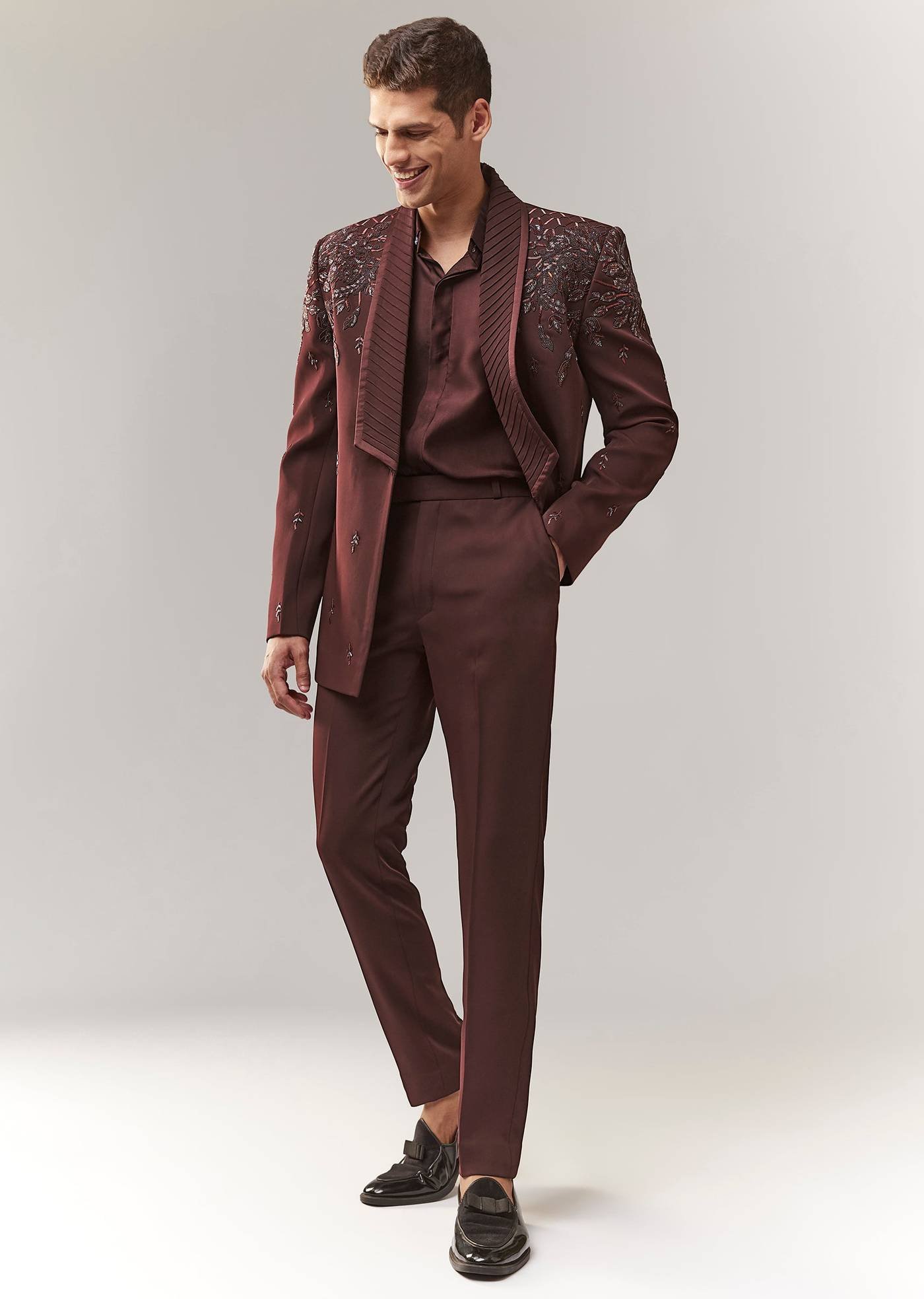 wine-blazer-shirt-set-with-hand-embroidery-and-satin-organza-shirt-sg348300-2_a2e738b3-292a-400b-b5a1-7a1bdd4df494 Elegant Wine Blazer Tuxedo for Modern Gentlemen - Image 1