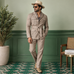 Beige Textured Belted Safari Suit - Image 3