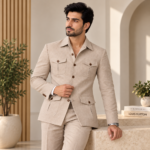 Beige Textured Four-Pocket Suit - Image 4
