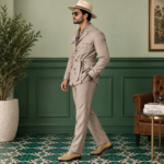 Beige Textured Belted Safari Suit
