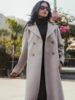 Women's Beige Double-Breasted Long Coat - Image 2