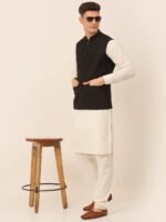 Black Men’s Waistcoat with White Kurta - Image 3