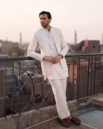 White Embroidered Prince Coat with Shalwar Kameez