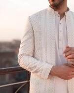 White Embroidered Prince Coat with Shalwar Kameez - Image 4