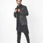 Black Jacquard Prince Coat for Men
