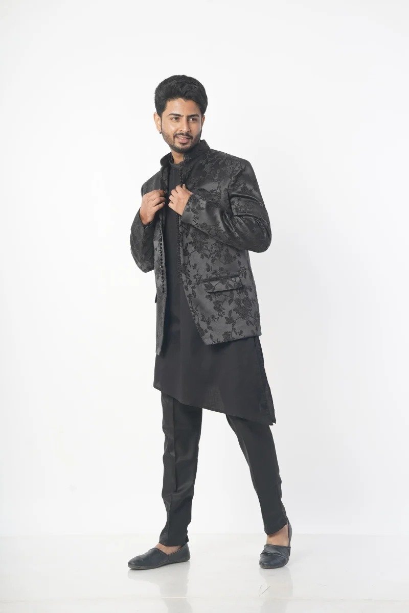 WhatsApp Image 2026-09-12 at 10.16.18 PM (1) Black Jacquard Prince Coat for Men - Image 1