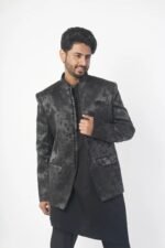 Black Jacquard Prince Coat for Men - Image 3