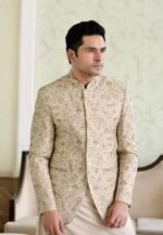 Beige Floral Embroidered Prince Coat with Shalwar Kameez - Image 2