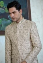 Beige Floral Embroidered Prince Coat with Shalwar Kameez - Image 3