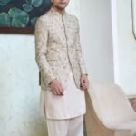 Beige Floral Embroidered Prince Coat with Shalwar Kameez