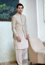 Beige Floral Embroidered Prince Coat with Shalwar Kameez