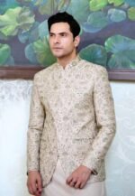 Beige Floral Embroidered Prince Coat with Shalwar Kameez - Image 4