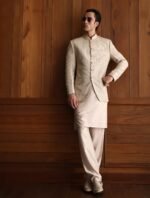 Cream Jacquard Prince Coat with Matching Shalwar Kameez - Image 2
