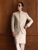 Cream Jacquard Prince Coat with Matching Shalwar Kameez - Image 3