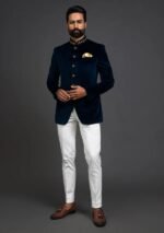 Navy Blue Velvet Embroidered Prince Coat - Image 3