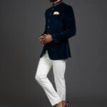 Navy Blue Velvet Embroidered Prince Coat