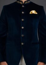 Navy Blue Velvet Embroidered Prince Coat - Image 2
