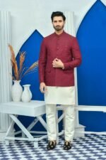 Maroon Embroidered Prince Coat with White Shalwar - Image 4