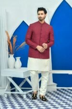 Maroon Embroidered Prince Coat with White Shalwar - Image 3