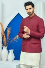 Maroon Embroidered Prince Coat with White Shalwar - Image 2