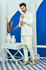 White Embroidered Prince Coat with Golden Buttons - Image 4