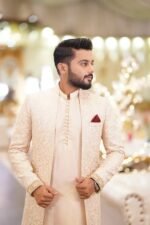 Cream Embroidered Prince Coat with Matching Shalwar Kameez - Image 2