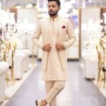 Cream Embroidered Prince Coat with Matching Shalwar Kameez