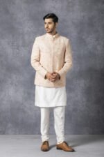 Beige Embroidered Prince Coat with White Shalwar - Image 6