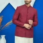 Maroon Embroidered Prince Coat with White Shalwar