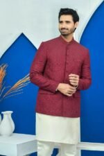 Maroon Embroidered Prince Coat with White Shalwar