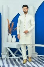 White Embroidered Prince Coat with Golden Buttons - Image 2
