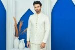 White Embroidered Prince Coat with Golden Buttons