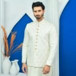 White Embroidered Prince Coat with Golden Buttons
