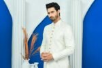 White Embroidered Prince Coat with Golden Buttons - Image 3