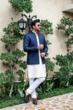 Navy Blue Embroidered Prince Coat with White Shalwar - Image 5